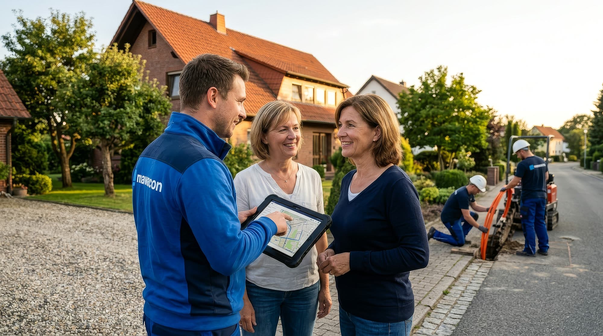 Mawacon-Berater zeigt zwei Kundinnen vor ihrem Haus den Glasfaser-Ausbau auf dem Tablet, im Hintergrund verlegt der Bautrupp die Faser