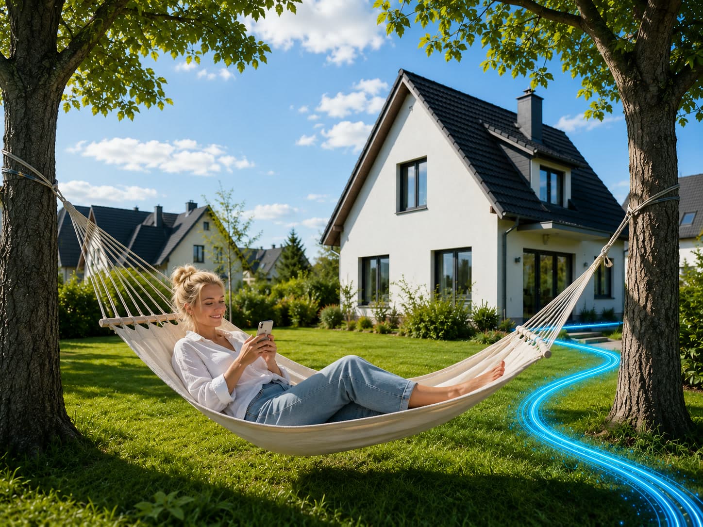 Frau entspannt in der Hängematte im Garten, während die leuchtende Glasfaser bis zum Haus verläuft