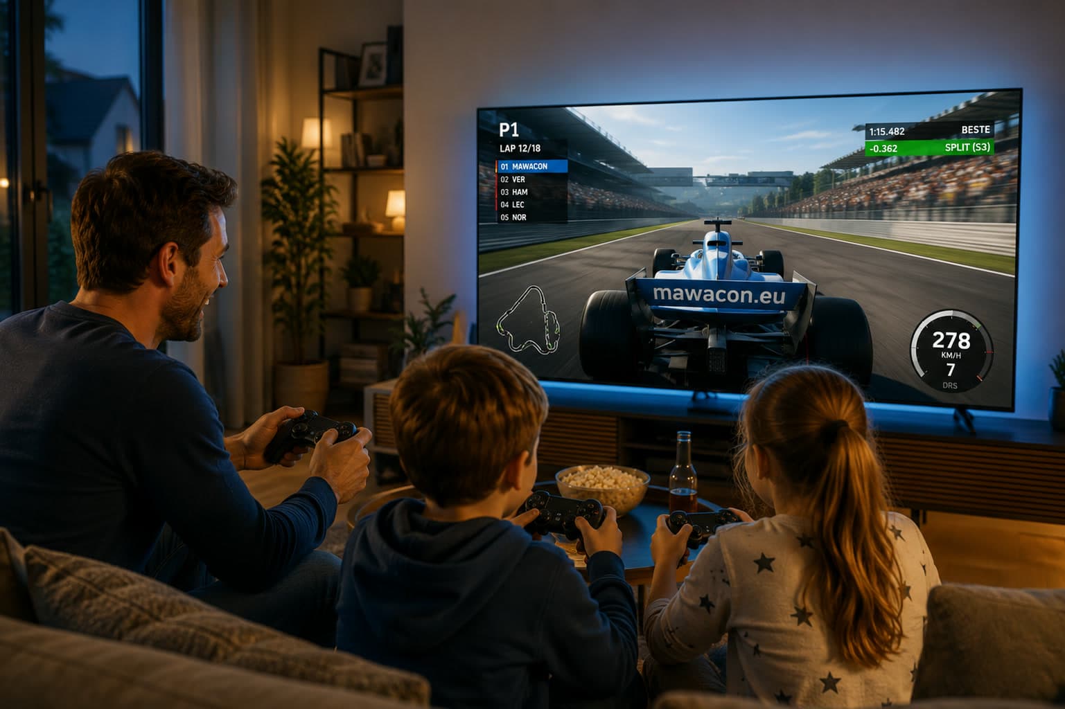 Vater und zwei Kinder spielen gemeinsam ein Rennspiel am Fernseher über die schnelle Glasfaser-Verbindung